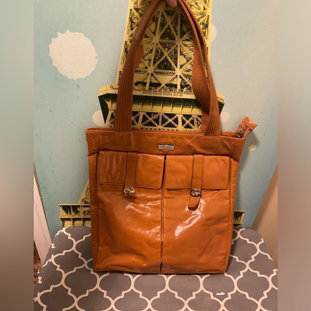 Abbyson leather brown lacquer leather tote bag